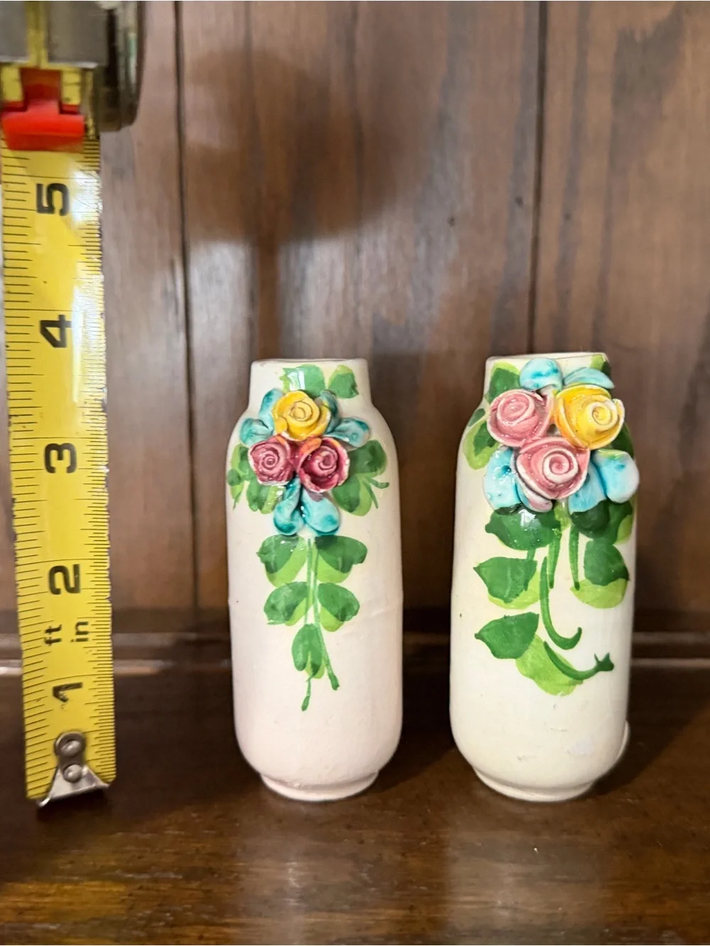 Hand-Painted Floral Ceramic Bud Vases - White with Multicolor Roses - 3.5